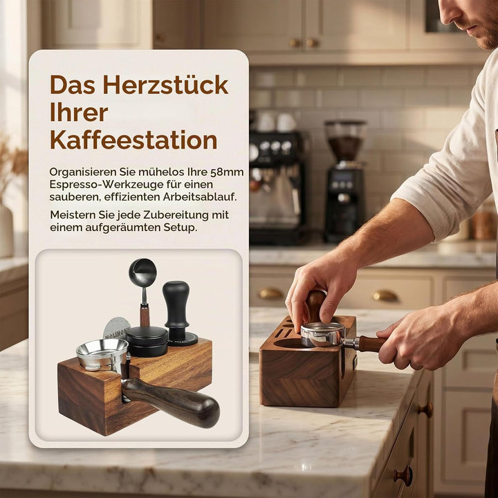 Espresso Tamperstation 58mm Tamperstation mit Abklopfbehälter Holz | Coffee Tamping Station 5 Steckp