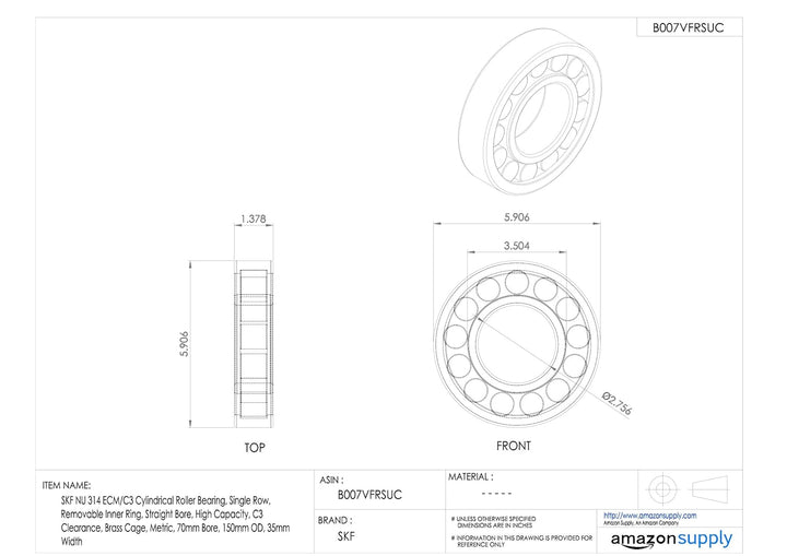 SKF Radialrollenlager, Zylinderform, 70 ID, Stahl