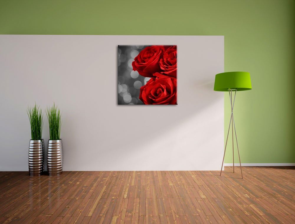 Pixxprint DREI rote Rosen / 70x70cm Leinwandbild bespannt auf Holzrahmen/Wandbild Kunstdruck Dekorat