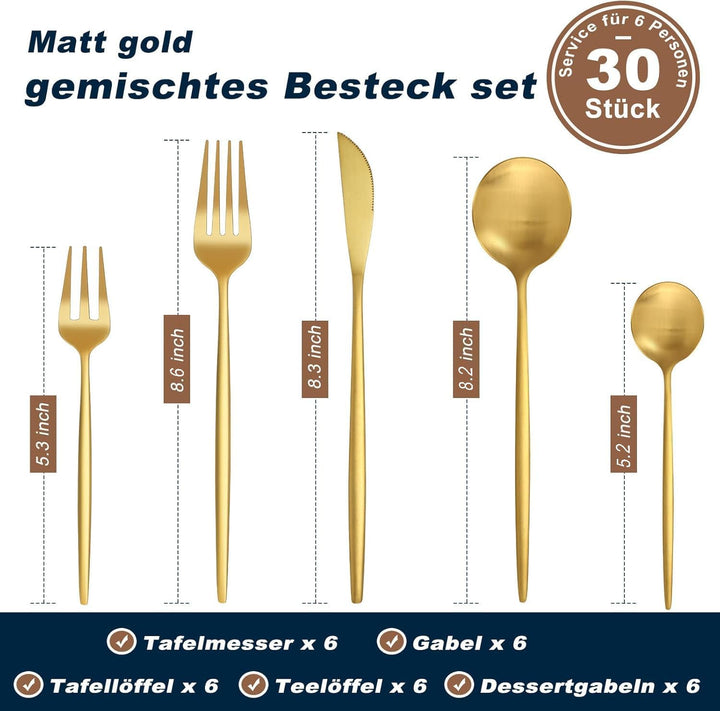 Bestdin Besteck Set 6 Personen, 30 teilig Edelstahl Besteckset Gold Matt, Essbesteck Set mit Messer