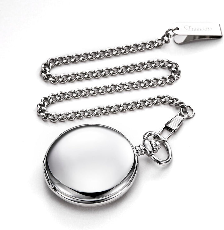 TREEWETO Unisex Taschenuhr mit Kette Analog Handaufzug Retro Skelett Hochglanz Poliert Silber