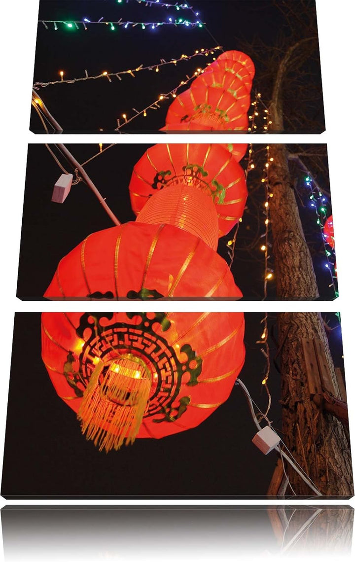 Pixxprint traditionelle chinesische Lampions / 3-Teilig/Gesamtmass 120cm Leinwandbild bespannt auf H