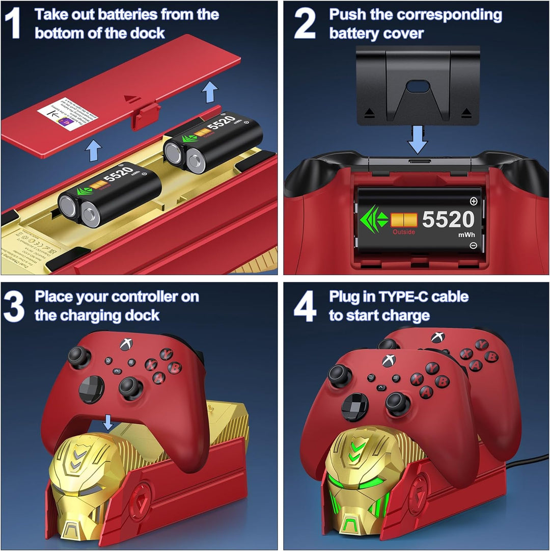 Akku für Xbox One Controller, Xbox Controller Ladestation mit 2 Stück Grosser Kapazität 2550mAh Wied