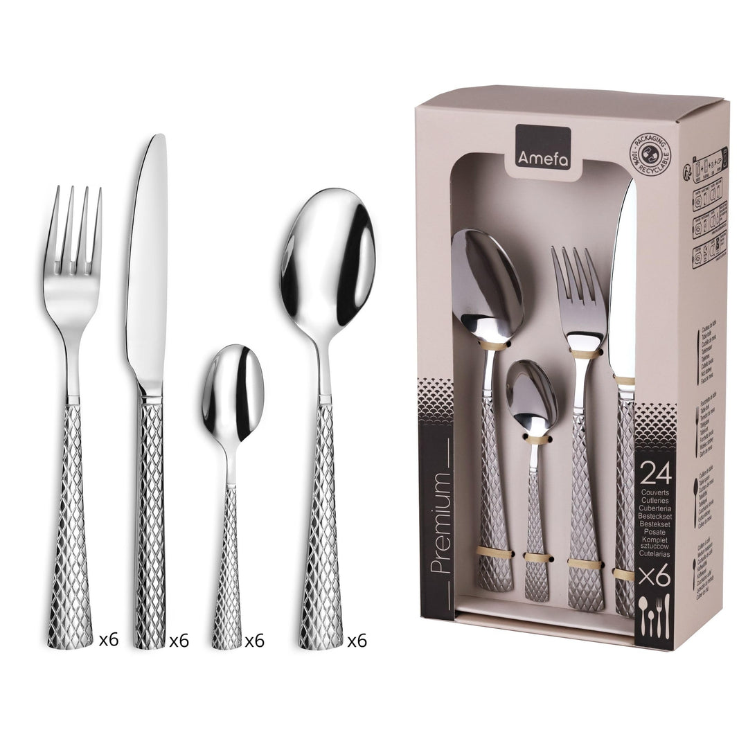 Amefa Besteck QUADRILLE, stilvolles Rautenmuster, Zisele-Dekor, Edelstahl 18/0 glänzend, 24-teilig