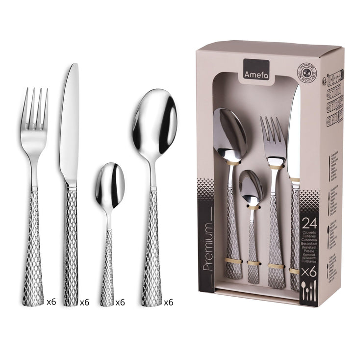 Amefa Besteck QUADRILLE, stilvolles Rautenmuster, Zisele-Dekor, Edelstahl 18/0 glänzend, 24-teilig