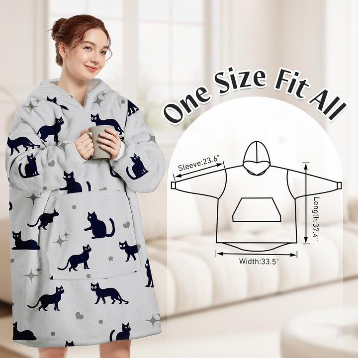 Hoodie Decke Oversize Katze Grau mit Ärmeln Kuscheldecke Deckenpullover für Damen Herren, Tragbare D