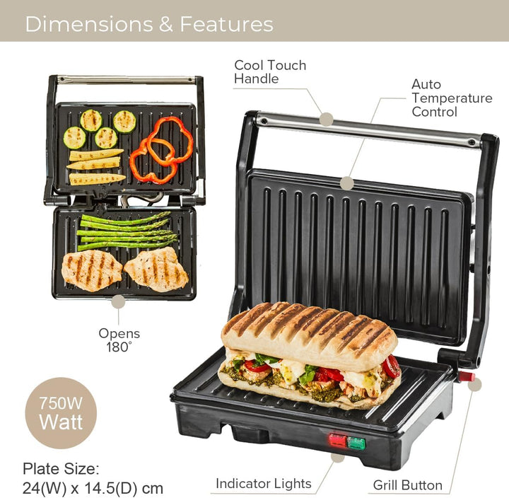 Quest 34340 Panini Sandwichmaker für Presse und Grill, kompaktes Edelstahldesign, antihaftbeschichte