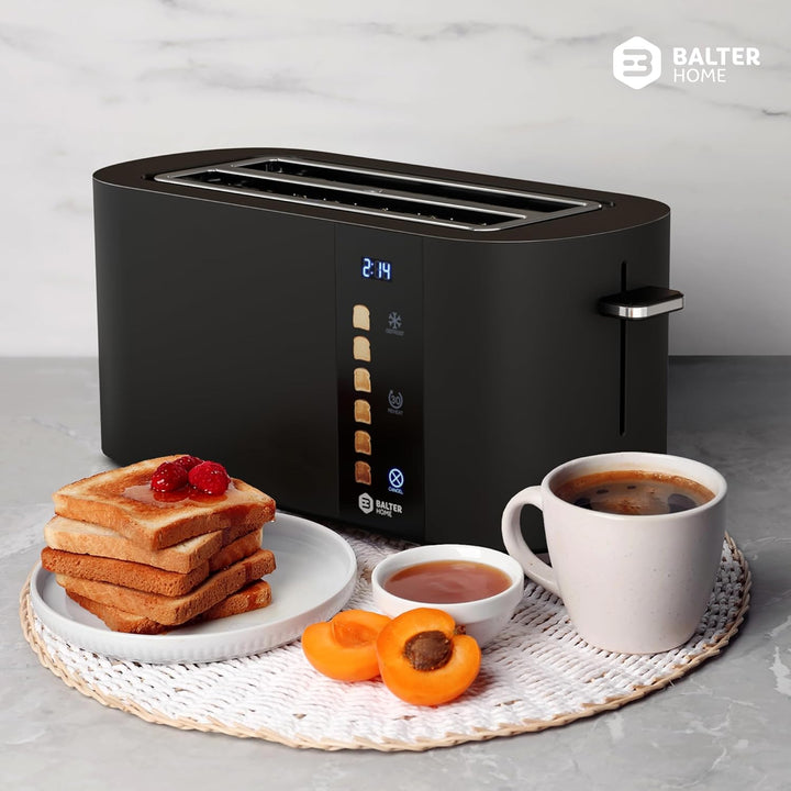 Balter Toaster 4 Scheiben, Touch Bedienung, Langschlitz, Edelstahl, Brötchenaufsatz, LCD Display Lan