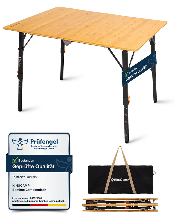 KingCamp Campingtisch Bambus 100x70 cm Klapptisch höhenverstellbar 42~70cm für 2-6 Personen 4 Falten