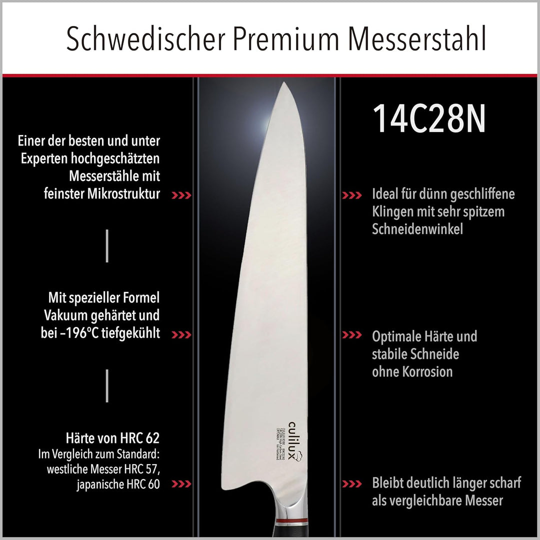 culilux® Kobe N63 Kochmesser 24 cm extrem scharfes Profi Küchenmesser aus schwedischem 14C28N Edelst