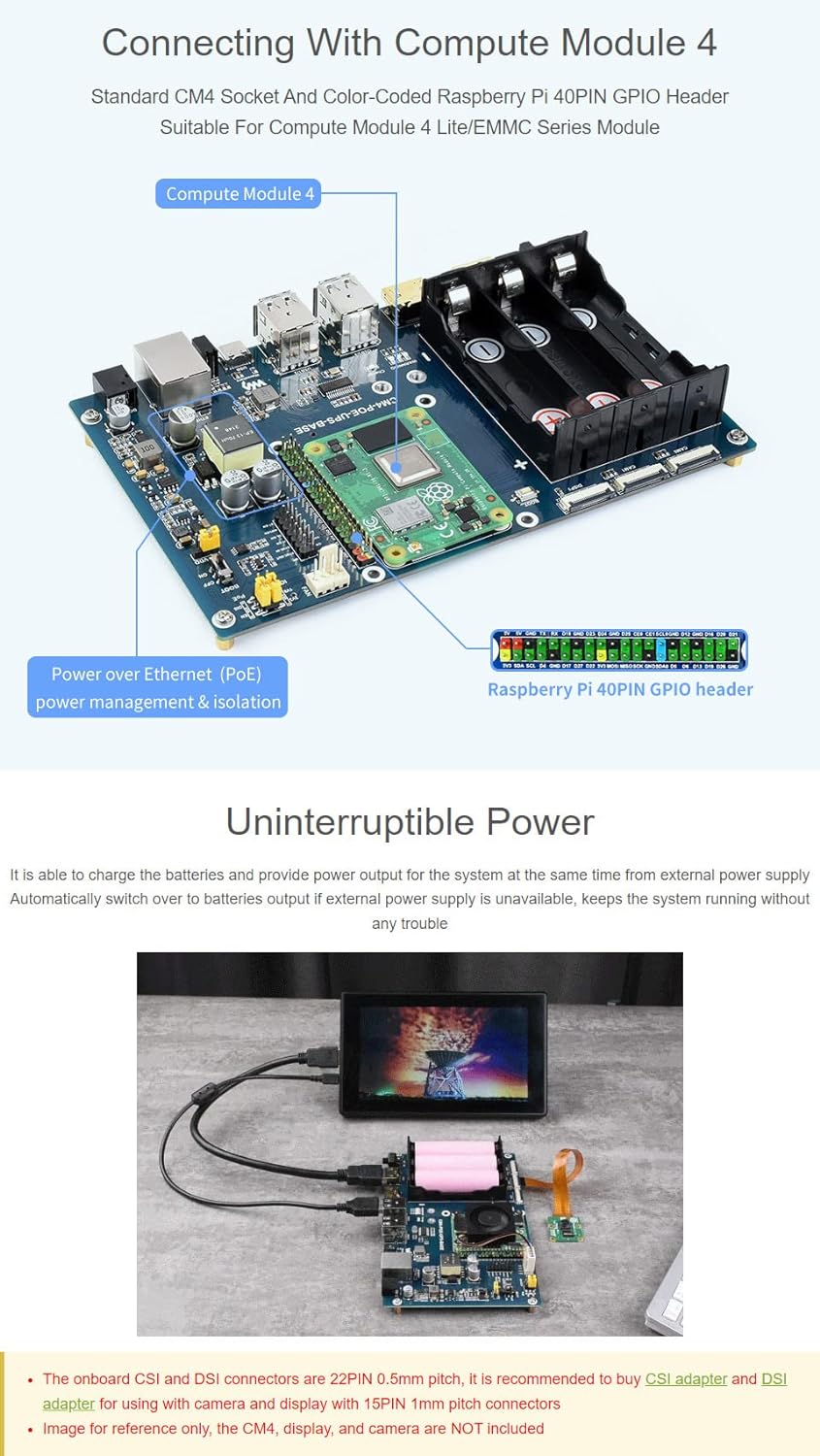 Waveshare PoE UPS Uninterruptible Power Supply Base Board for Raspberry Pi Compute Module 4 with Gig