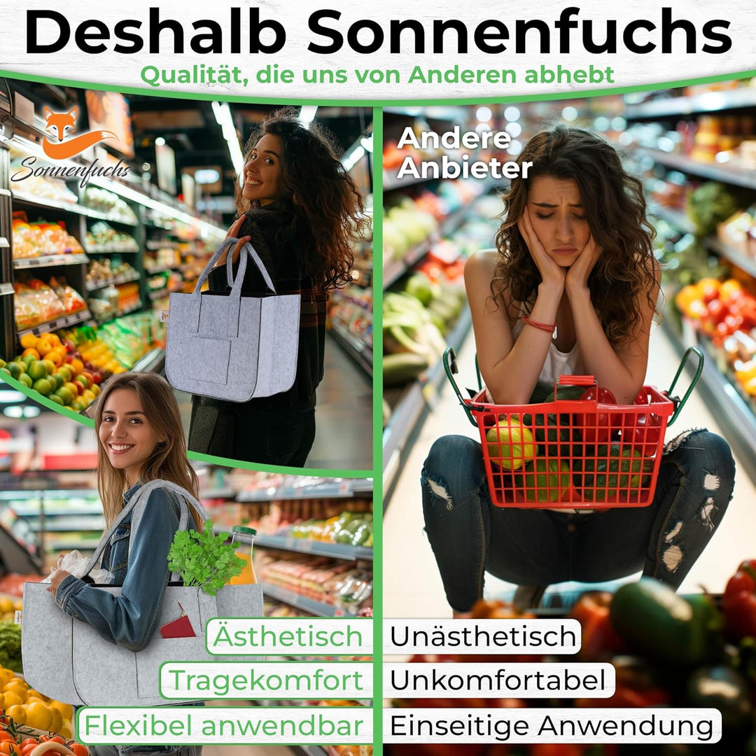 Sonnenfuchs® FUCHSBAG 2.0 [Grosses 3er Set XXL] Universelle Einkaufstaschen. 2x Filztasche gross 1x