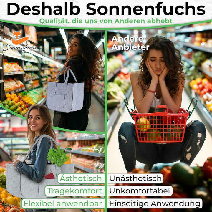 Sonnenfuchs® FUCHSBAG 2.0 [Grosses 3er Set XXL] Universelle Einkaufstaschen. 2x Filztasche gross 1x