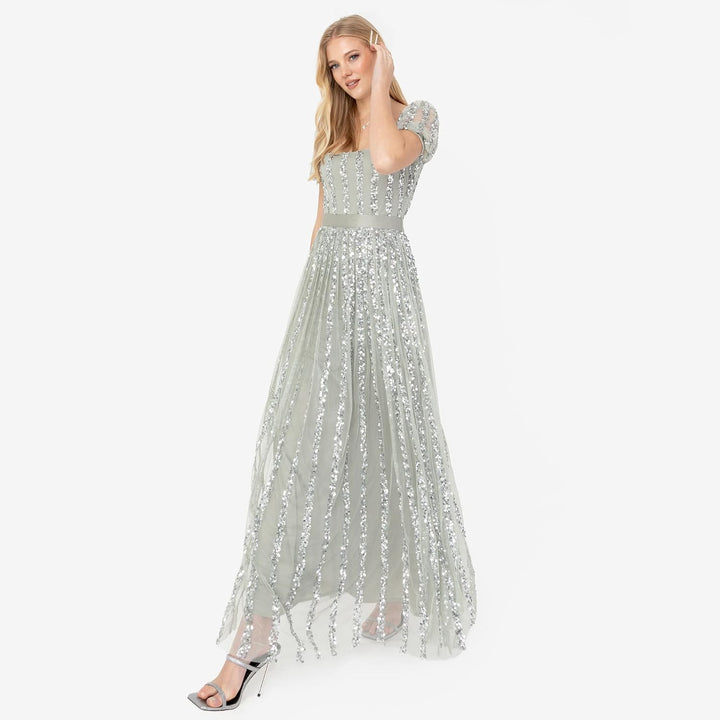 Maya Deluxe Damen Womens Ladies Maxi Occasion Dress Sequin Square Neck High Waist A Cut Evening Gown