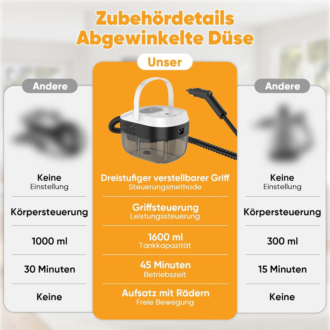 Dampfreiniger Mit 3 Stufig Verstellbarer Griff, Transportwagens, Mop, 1,6L Wassertank, 15 Sekunden A