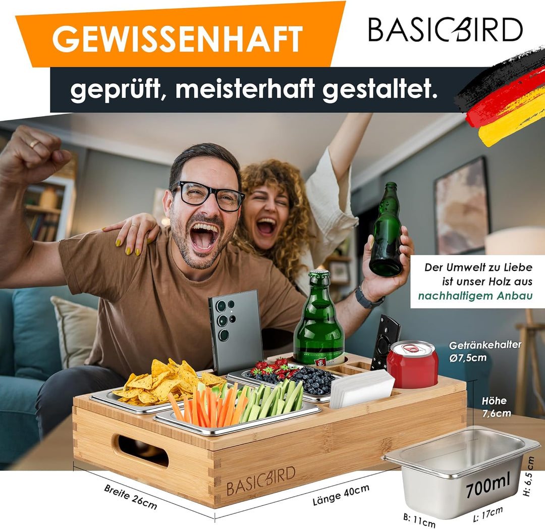 BASICBIRD® Couchbar Snackbox - Organizer Tablett- Snackspender mit 3X Snackschale - Holz Sofatablett