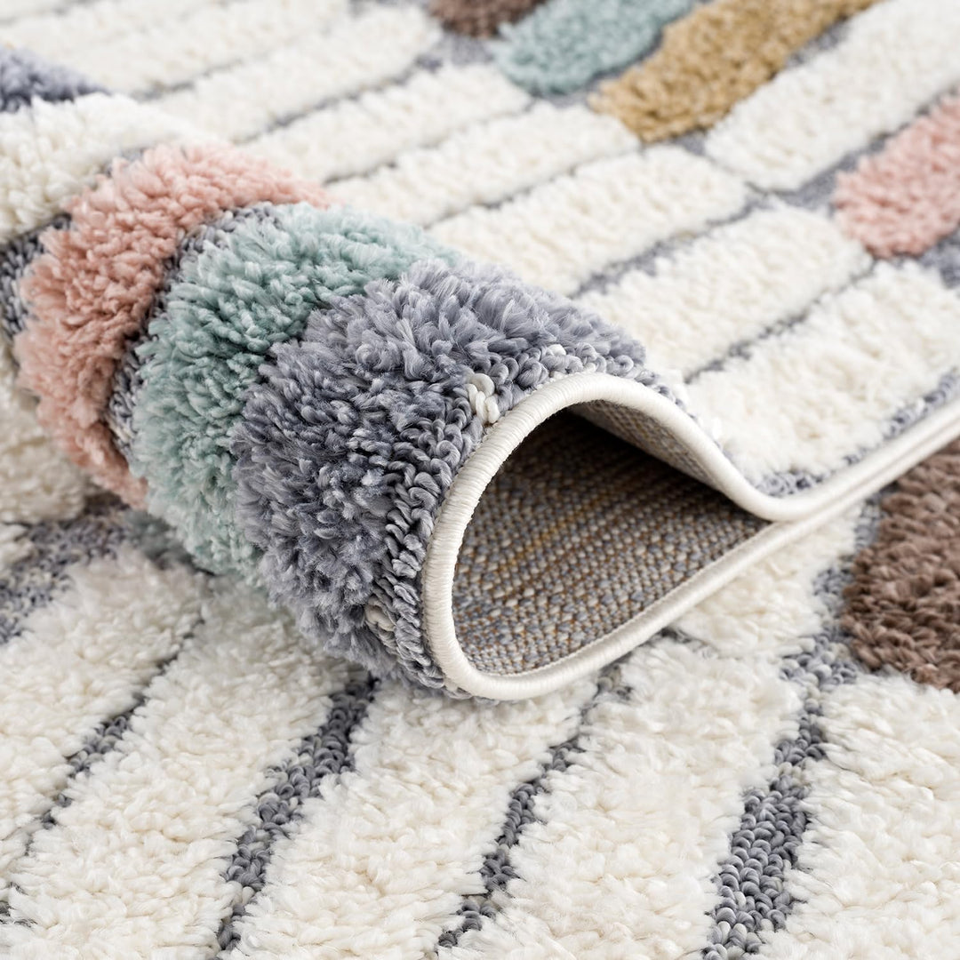 payé Teppich Wohnzimmer - 140x200cm - Hochflor Flauschig Weich - Pastellfarben Multi - Boho Design -