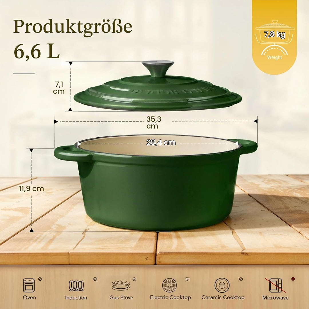 Overmont Bräter emaille Gusseisen Topf - Schmortopf 28cm backofengeeignet - mit Deckel und Kochbuch