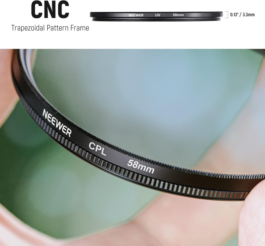 NEEWER Objektiv Filter Set 58mm UV CPL und ND Filters(ND2, ND4, ND8) FLD Filter, Tulpenförmiger Blen