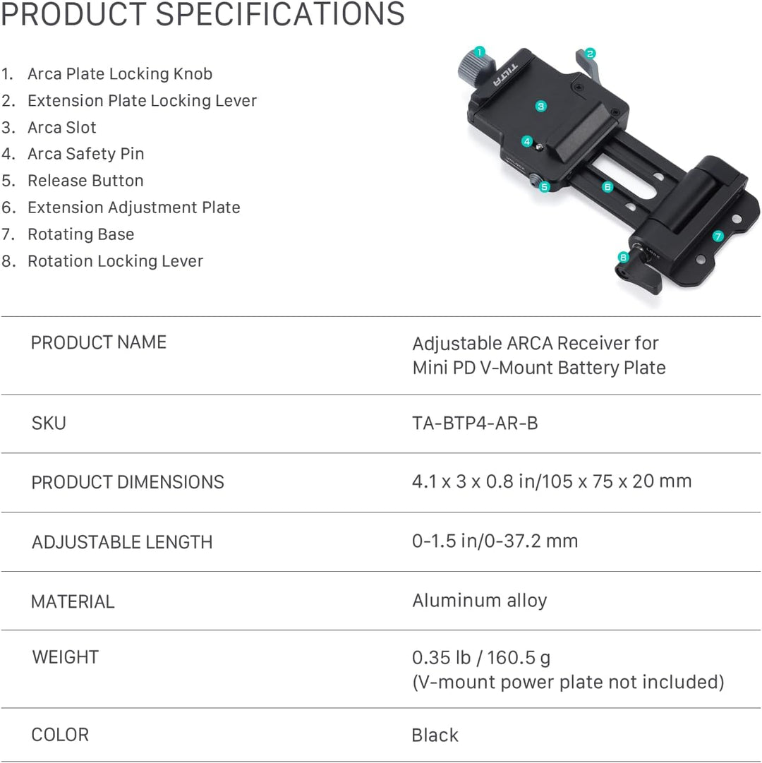 Tilta Verstellbarer ARCA-Empfänger für Mini PD V-Mount-Akkuplatte - Schwarz TA-BTP4-AR-B Nur ARCA-Em