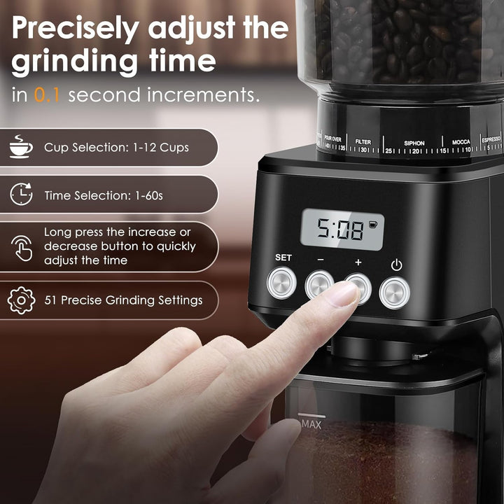 Homtone Kaffeemühle Elektrisch für Siebträger und Behälter, 51 Mahlstufen Kaffeemühle Siebträger Ele