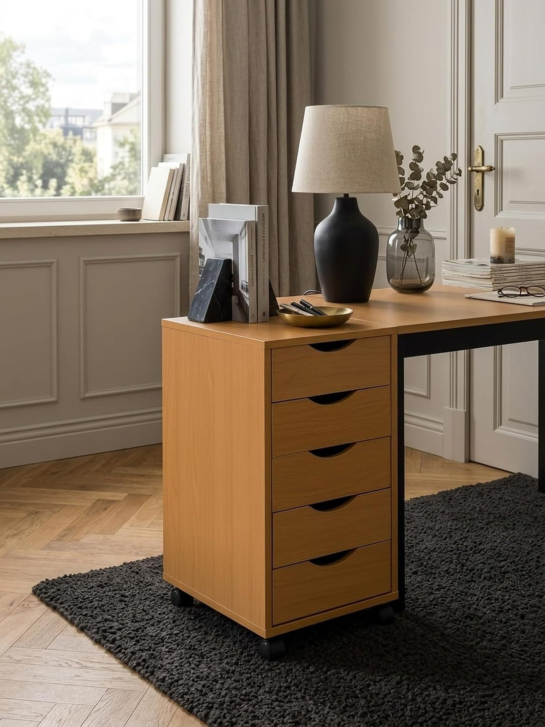 Rollcontainer WL5.924 33x64x38cm Buche MDF-Holz | Schreibtisch-Container Rollschrank 5 Schubladen |
