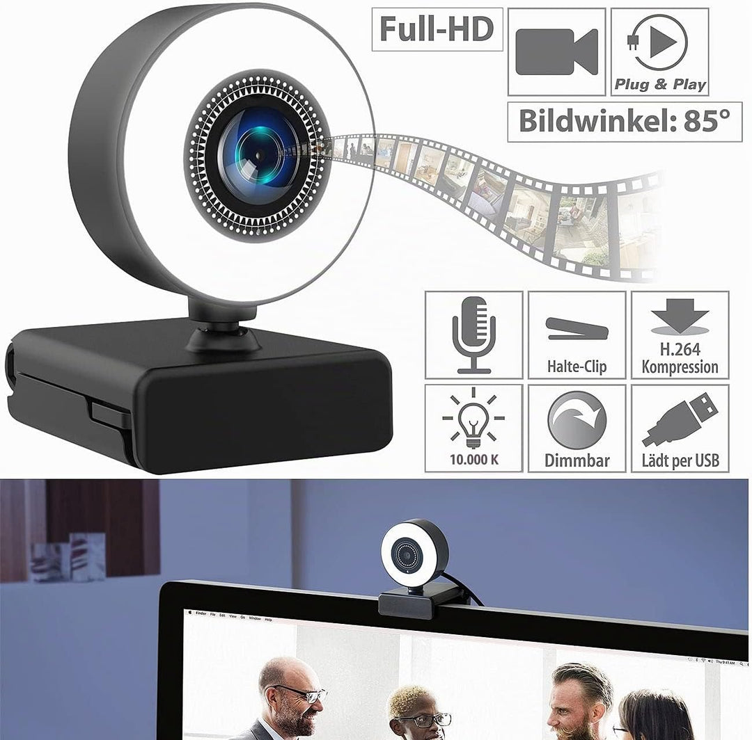 Somikon Webcam mit Licht: Full-HD-USB-Webcam mit LED-Ringlicht, Autofokus, Dual-Mikrofon, H.264 (Kam