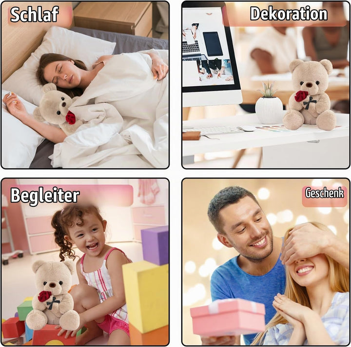 Teddybär mit Rose, Geburtstagsgeschenk für Frauen 35cm Kuscheltier | Süsse Kuscheltier Teddy Rosen T