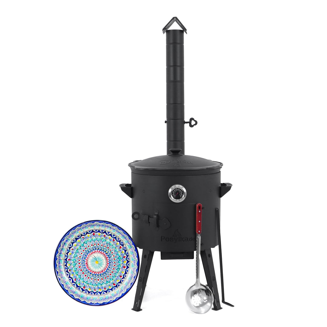 Utschak Feuerofen Ø 40 cm &amp; Gusseisen-Kasan 12 L | Kazan-Set mit Deckel | Usbekischer Kochtopf für G