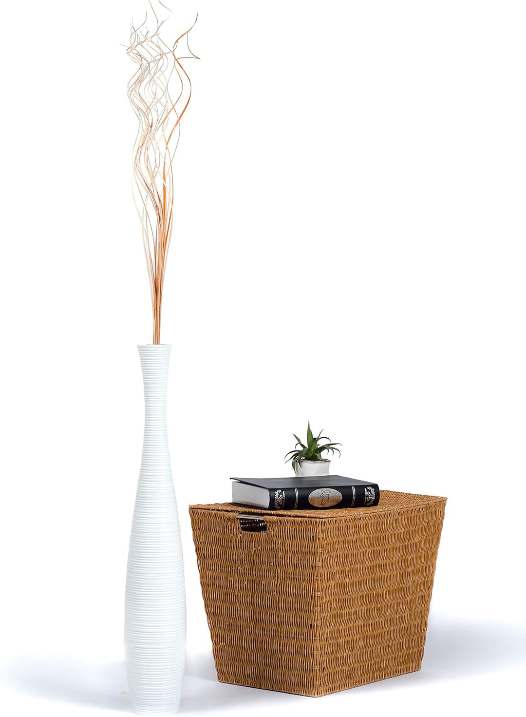 Leewadee Grosse Bodenvase für Dekozweige hohe Standvase Design Holzvase, Holz, 70 cm, Weiss 70 cm We