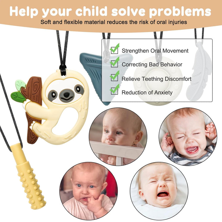 CLDY Kaukette für Kinder, 5 Stück Sensory Kauen Halskette, Kau-Charm, Beissring aus Silikon BPA-frei