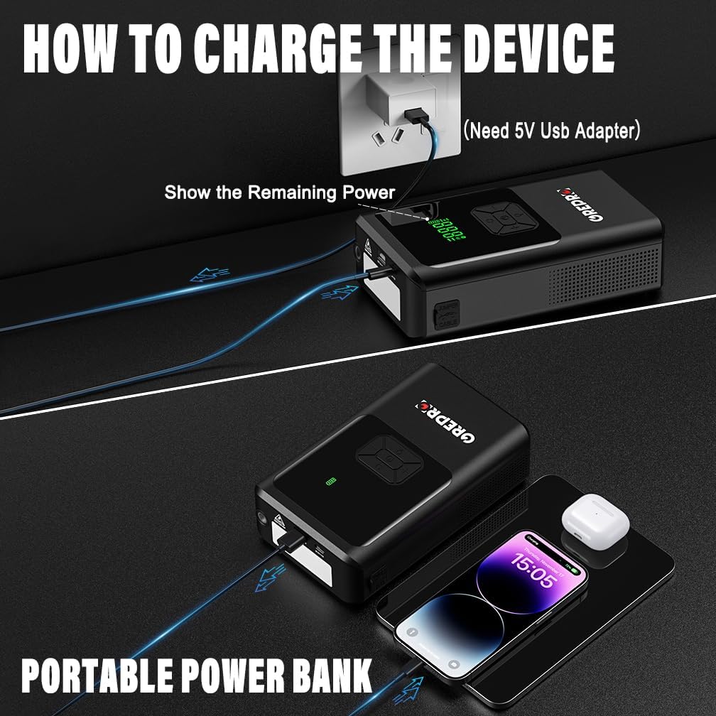 GREPRO 5-in-1 Starthilfe Powerbank mit Kompressor, (bis zu 10.0L Benzin,8.0L Diesel) 150PSI Auto Sta