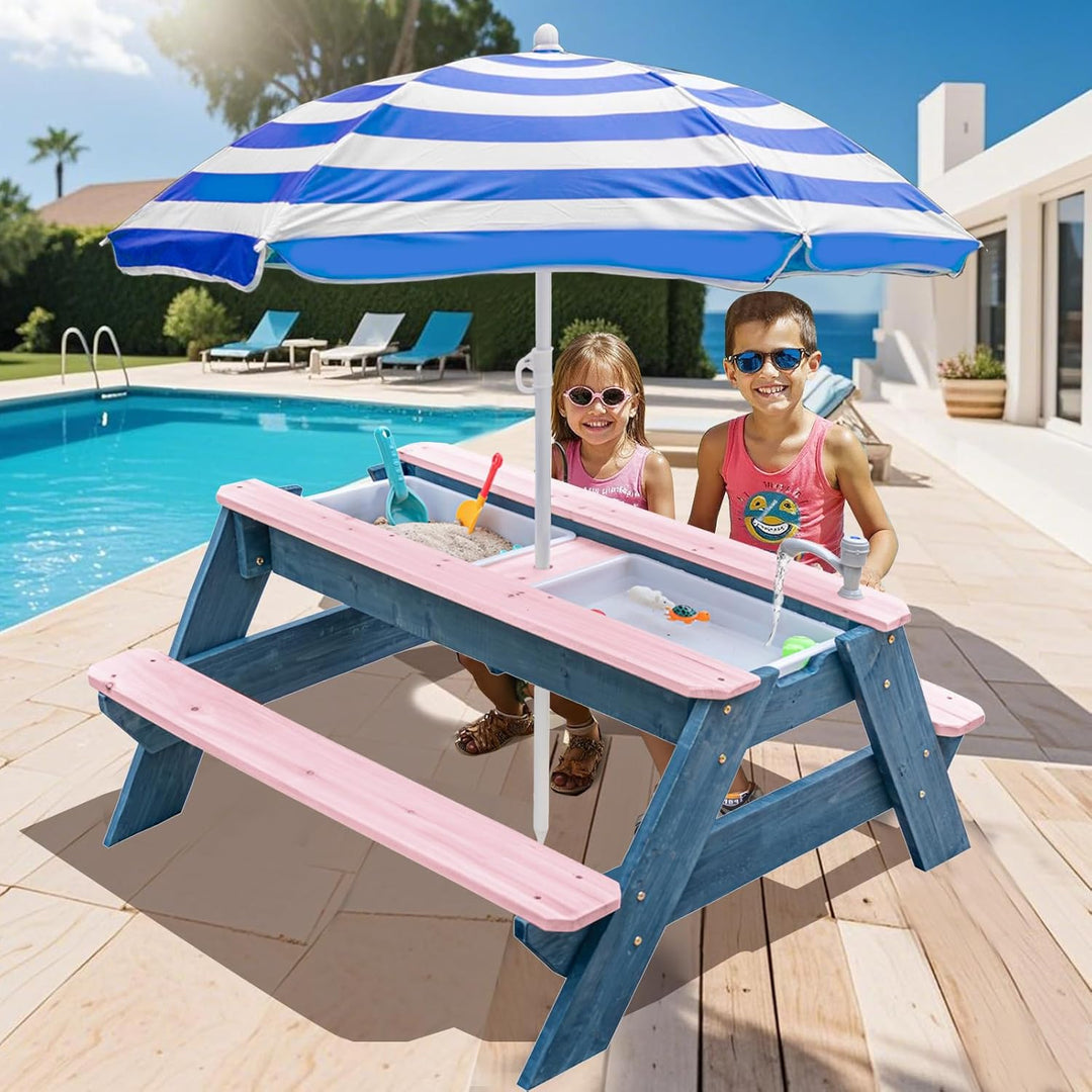 Kids 3-in-1 Sand- und Wasser-Aktivitätstisch, Holz, Outdoor, wandelbarer Picknicktisch mit Regenschi