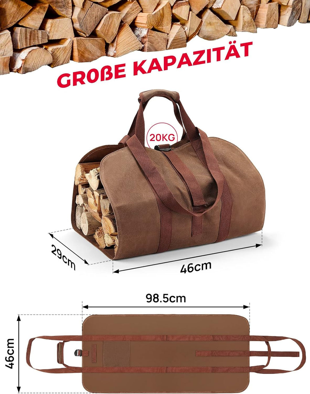 Kaminholztasche wasserdicht, faltbare Brennholztasche aus gewachste Oxford Gewebe, schwerlast, Kamin