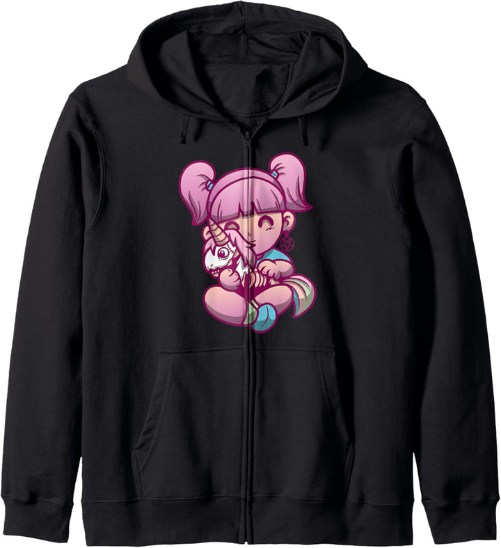 Anime Aesthetic Pastel Goth Girl mit Einhorngeschenken Kapuzenjacke