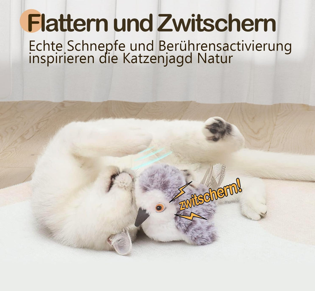 Migipaws Katzenspielzeug Flattervogel, lebensechtes Schnepfe-Zwitschern, berührungsaktiviertes Spiel