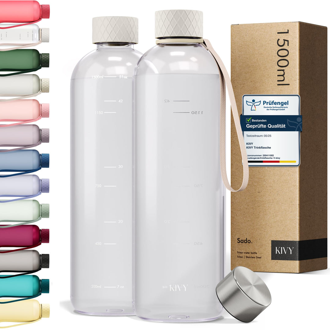 KIVY Tritan-Wasserflasche 1,5 Liter - Kohlensäure geeignet & Auslaufsicher - Für Sport, Schule & Bür