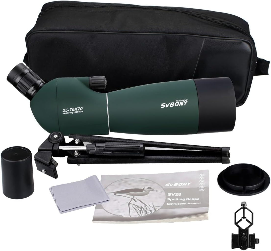 Svbony SV28 Spektiv 25-75x70 Abgewinkeltes Okular Wasserdicht BAK4 Prisma Monokular mit Stativ Handy