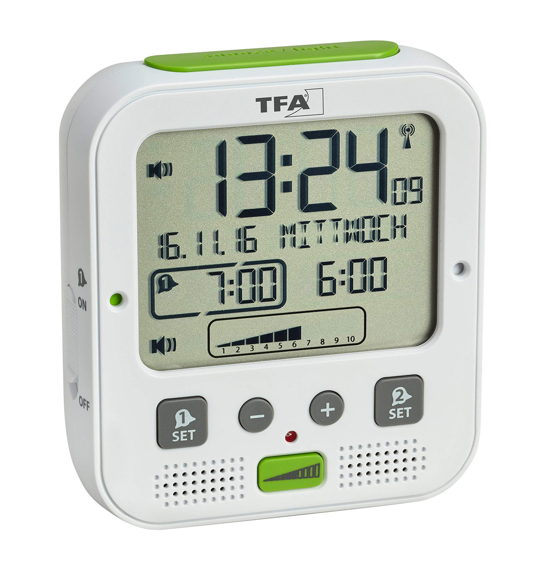 TFA Dostmann Boom Funkwecker, Laut mit Vibrationsalarm, Snooze-Funktion, einstellbare Lautstärke und