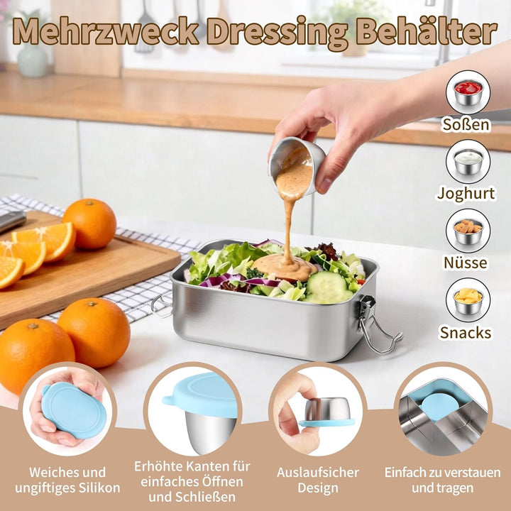 Onader Brotdose mit Fächern, 1400ML Edelstahl Bento Box mit Dressing Behälter und 1pc Abnehmbar Tren
