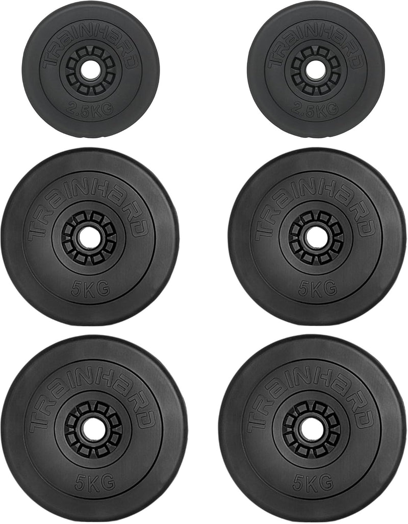 TrainHard Hantelscheiben Set 20-30 kg Gewichte aus Kunststoff Zement Gesamtgewichte mit 30/31 mm Boh