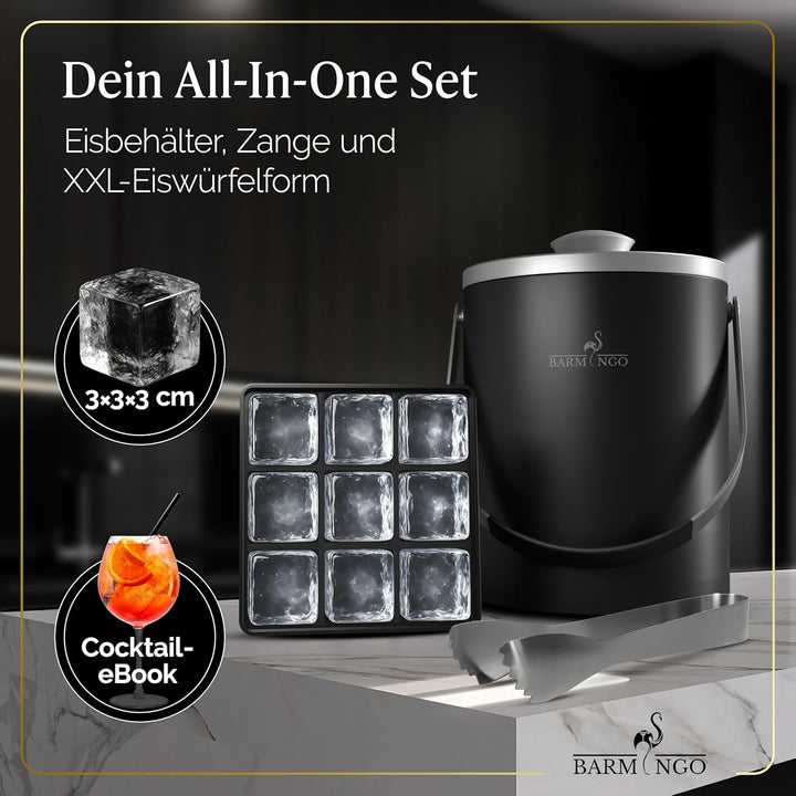 BARMINGO Edelstahl Eiswürfelbehälter mit Deckel - 2l Eisbehälter mit Sieb, Eiswürfelform, Zange | Ei