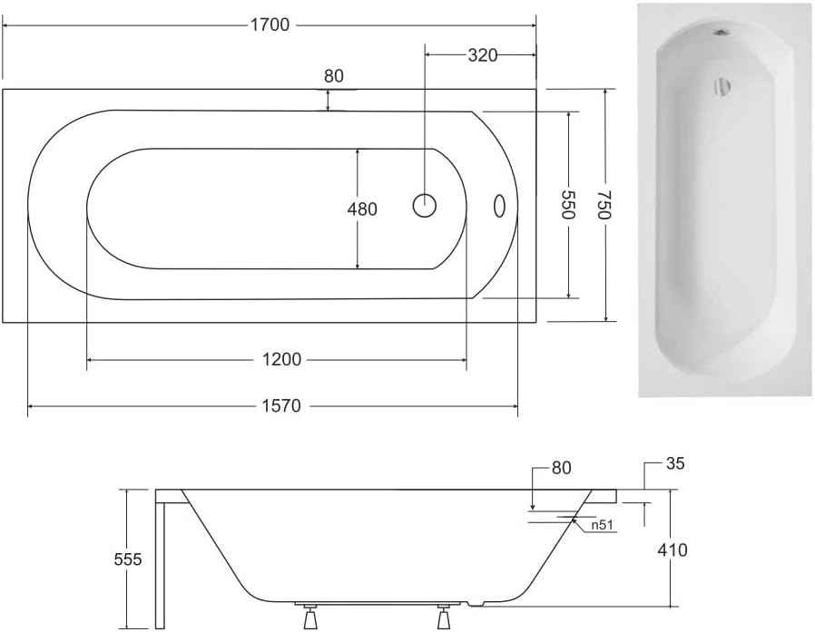 BADLAND Badewanne Original Weiss Acryl Wanne Rechteck INTRICA 170x75 KOMPLETTSET SET mit Premium Wan