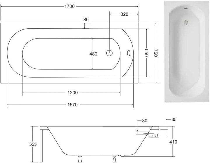 BADLAND Badewanne Original Weiss Acryl Wanne Rechteck INTRICA 170x75 KOMPLETTSET SET mit Premium Wan