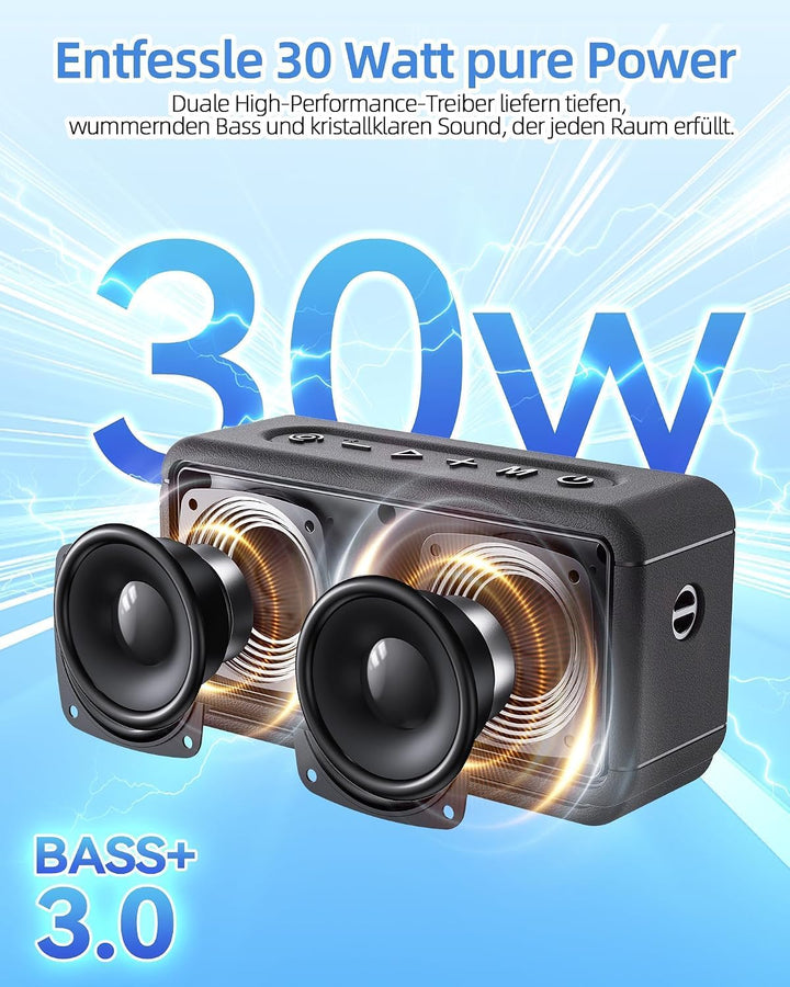 GB03 30W Tragbarer Bluetooth Lautsprecher BT 6.0, DSP Sound mit Tiefbass, IPX7 Wasserdicht, 24 Std A