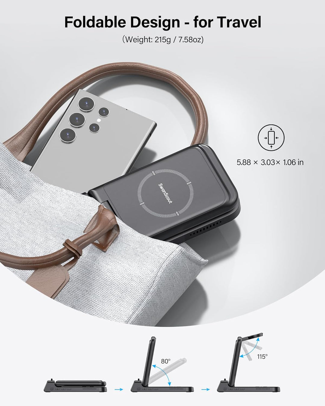 SwanScout Induktive Ladestation für Samsung, Kabelloses Ladegerät für Samsung Galaxy S24 Ultra, 3 in