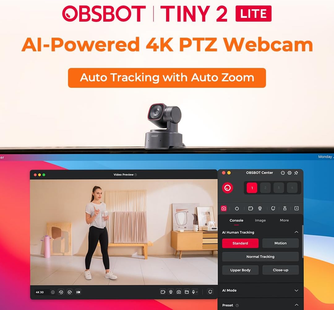 Obsbot Tiny 2 Lite PTZ 4K-Webcam Computerkamera 3840x2160 Pixel USB AI-Tracking Gestensteuerung schw