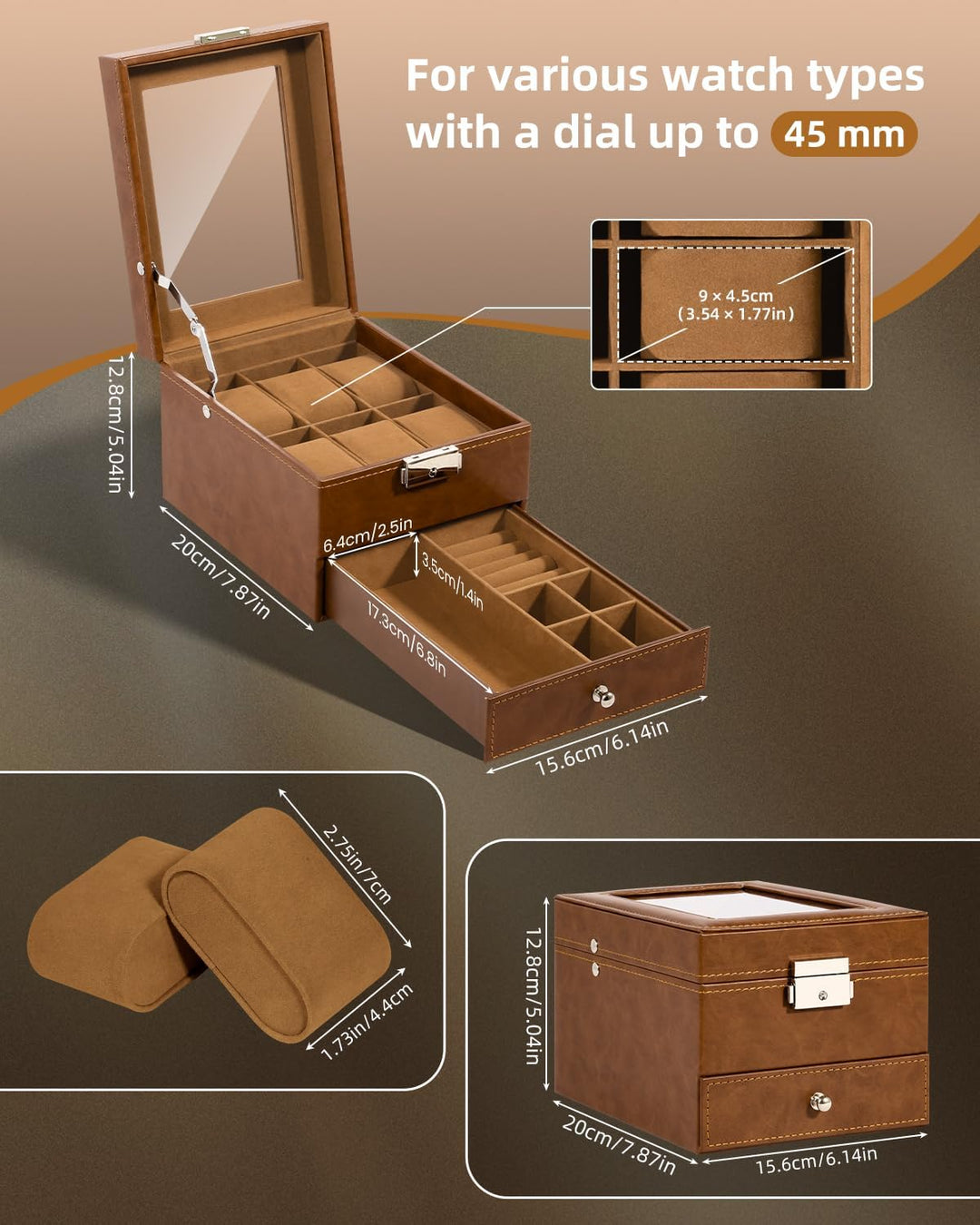 Uten Uhrenbox, 6 Fächern und 1 Schublade mit Schlüsselschloss, Glasdeckel, Braunes PU, Braunes Samtf