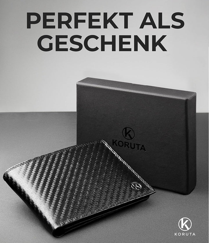 KORUTA® Geldbörse Herren Leder Carbon mit RFID Schutz I Echtleder Portemonnaie Gross I 13 Fächer I G
