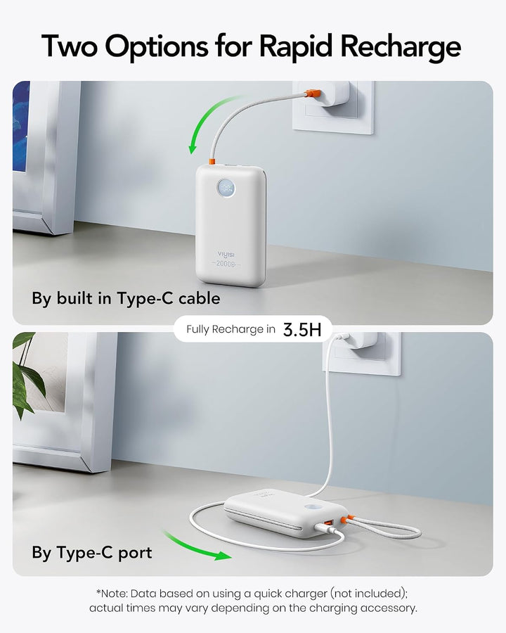 VIYISI Powerbank 20000mAh, 30W PD Schnellladegerät mit integrierten USB-C &amp; Lighting Kabeln, mit LED